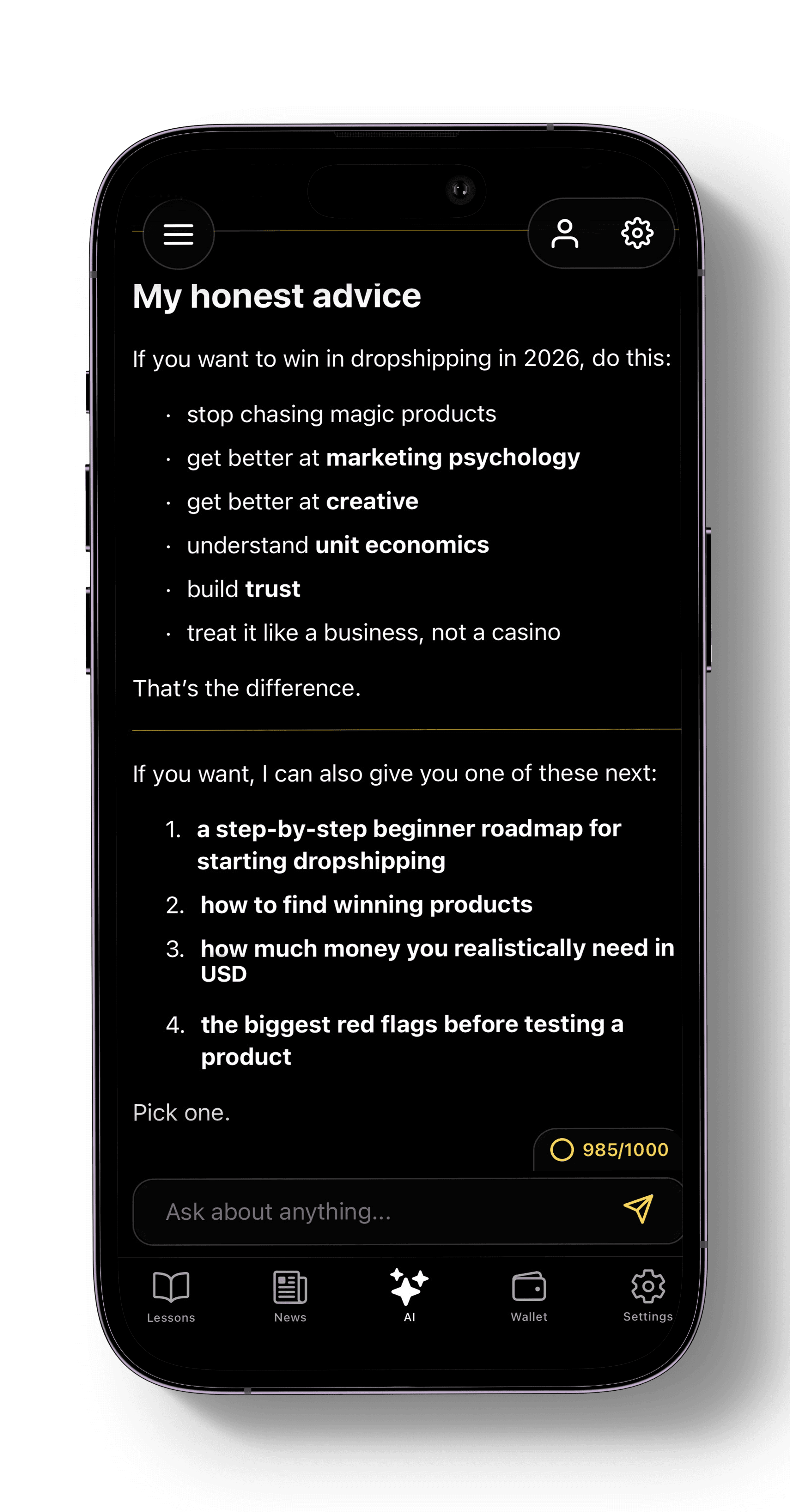 Hustlly chat screen showing a conversation with an AI mentor