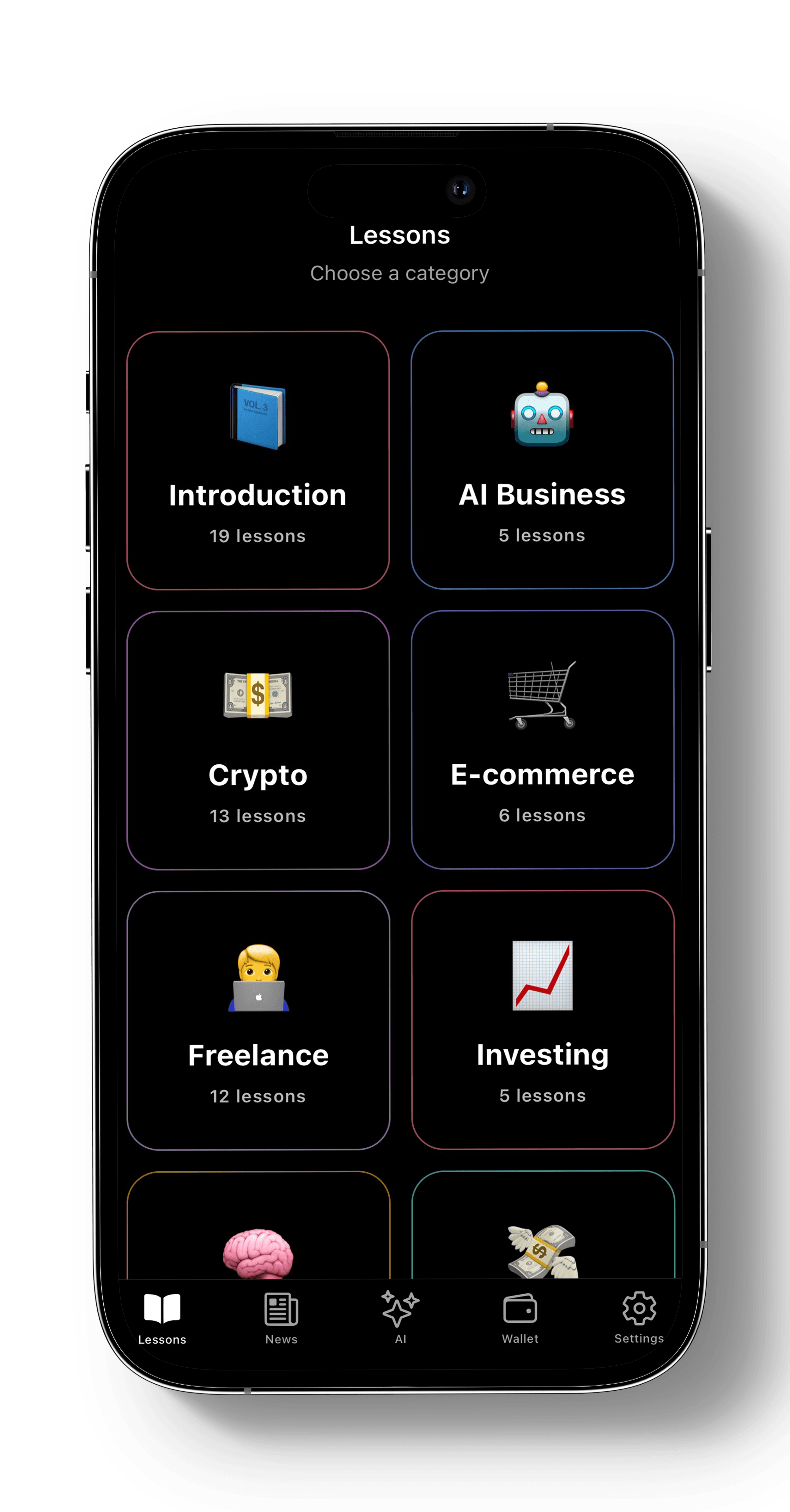 Hustlly lessons screen with practical learning categories