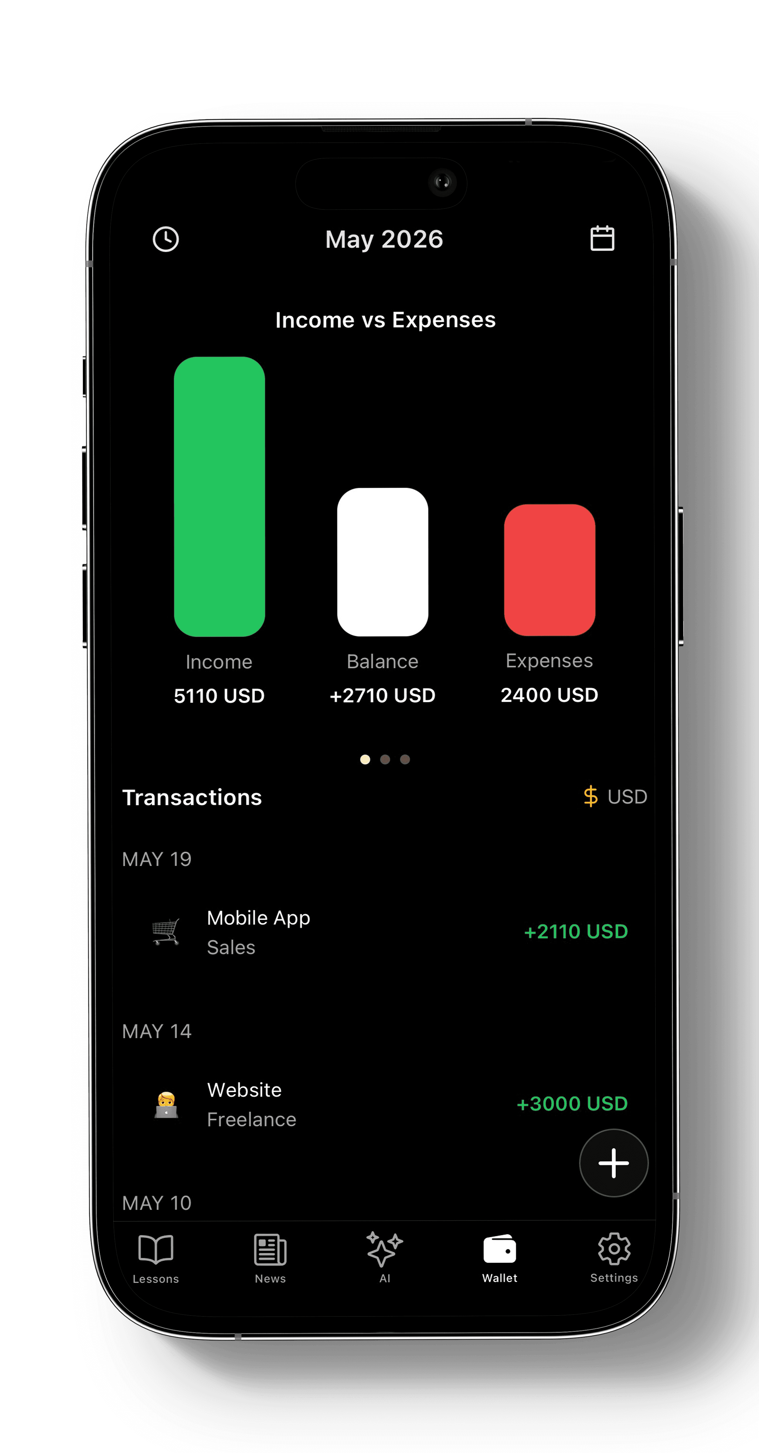 Hustlly wallet screen showing income, expenses and balance tracking
